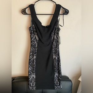 GUESS Los Angeles Cutout Mesh Bodycon Stretchy Black Cream Dress SIZE 4 BNWT